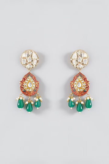 Meenakari Coin Pendant Pearl Necklace Set with Green Drops
