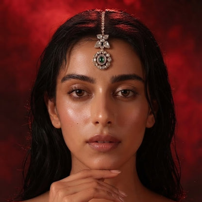 "Gold-toned maang tikka with polki clover motif and floral emerald-centered pendant, traditional Indian bridal jewelry"