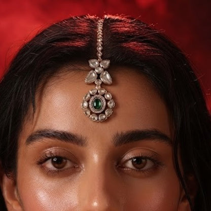 Gold-Plated Kundan Maang Tikka with Emerald Green