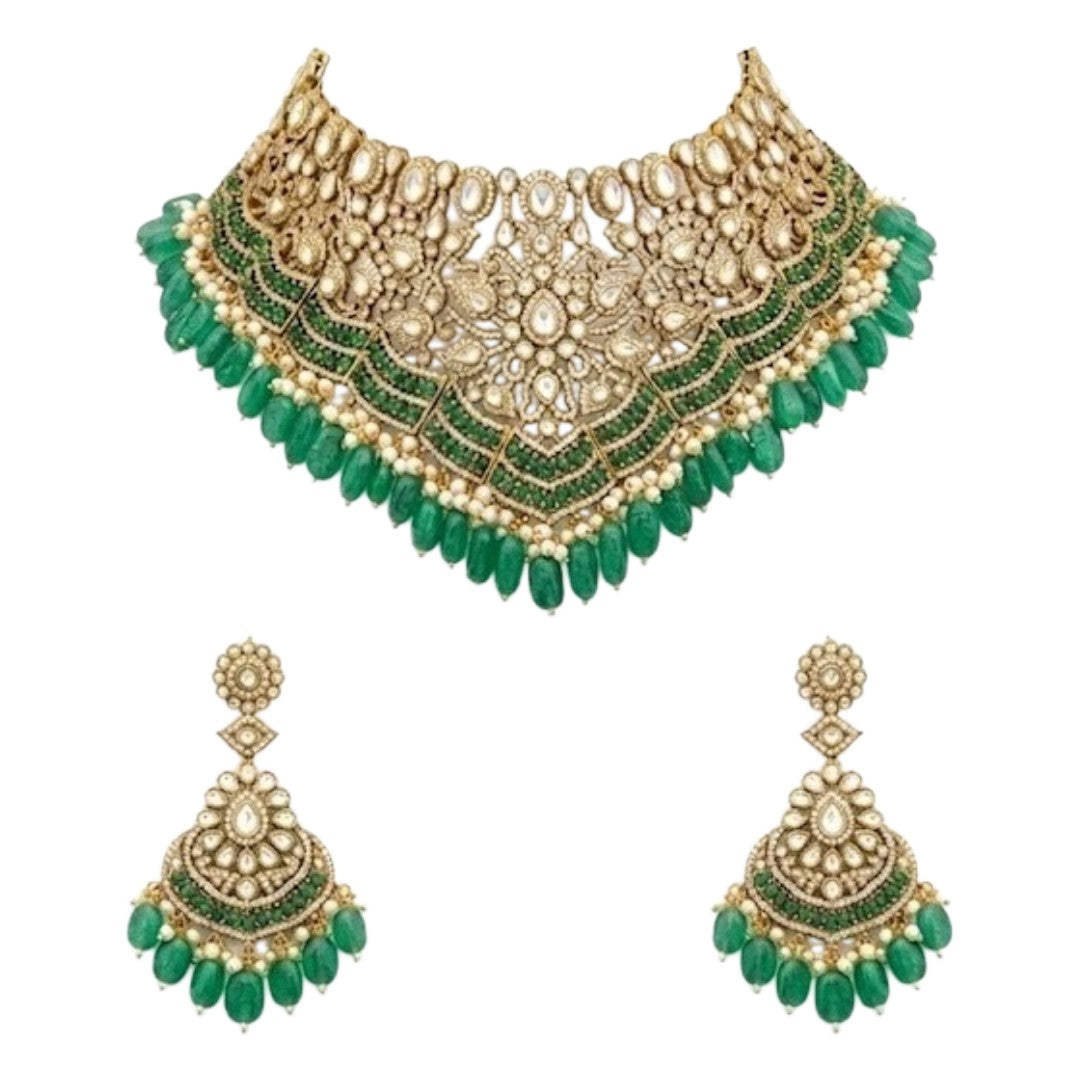 Emerald Green Kundan Bridal Choker Set with Earrings