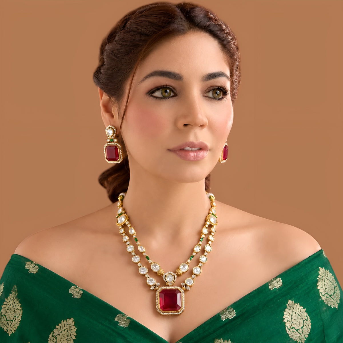 Gold kundan polki double strand necklace set with square ruby red pendant and matching earrings by Auraa Trends