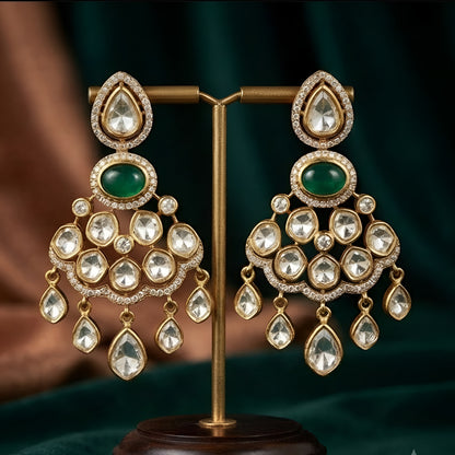 Polki Diamond Look Chandbali Earrings with Emerald Green Stone