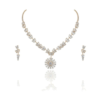 Floral American Diamond Necklace and Earring Set on Red Velvet Display Stand