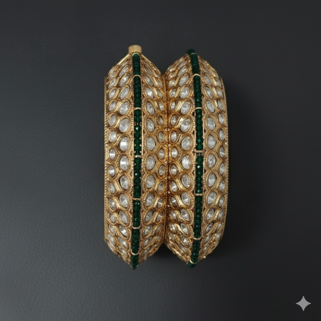 Royal gold-plated Kundan bangles with green stone border – traditional bridal kada set for women