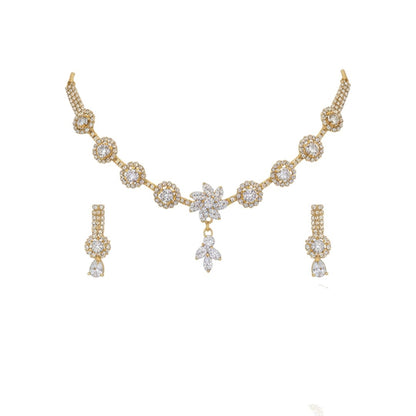 "Gold-plated floral diamond necklace set with matching earrings displayed on red velvet stand – ideal for weddings and festive occasions."