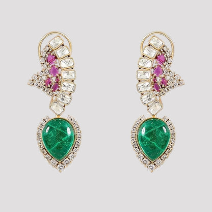 "Gold-plated designer necklace set with ruby stones, white crystals, and emerald teardrop centerpiece, paired with matching earrings"