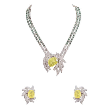 Luxury silver plated necklace set with yellow gemstone and matching earrings