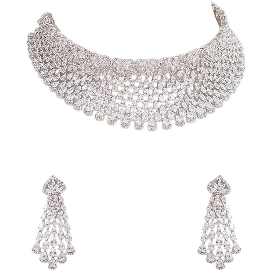 Elegant Diamond Look Silver Choker Necklace Set with Earrings - Auraa Trends