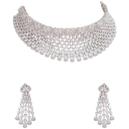 Elegant Diamond Look Silver Choker Necklace Set with Earrings - Auraa Trends
