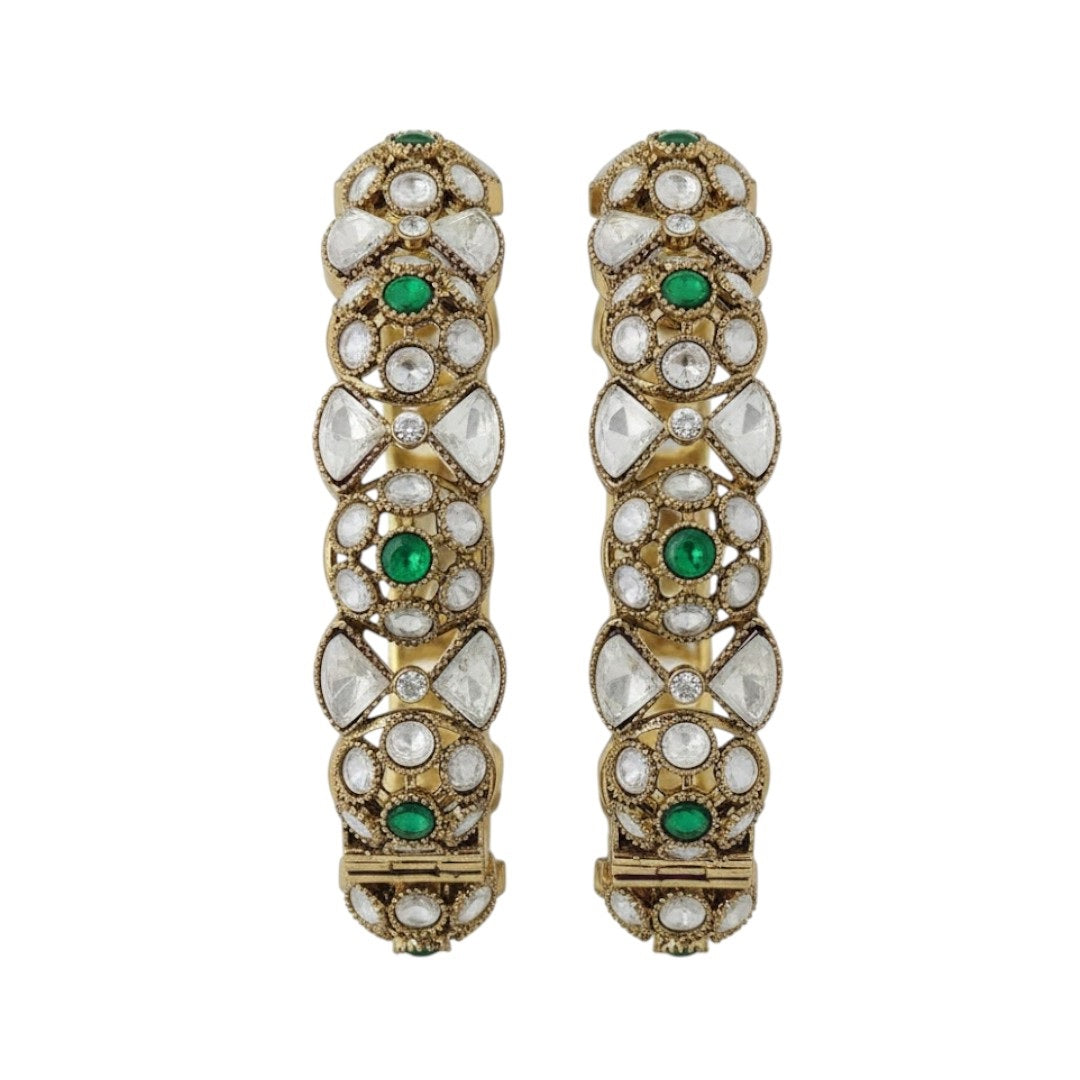 Gold plated Kundan bangles with green stones – bridal and festive jewelry set for women