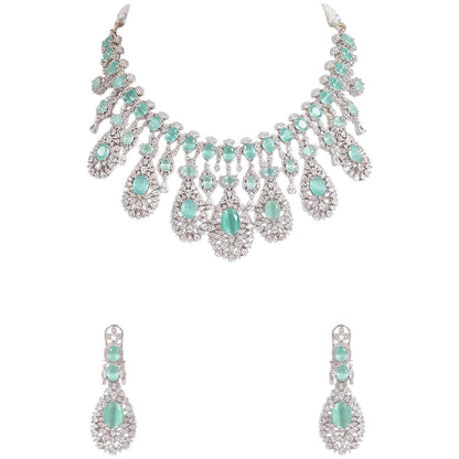Silver-plated choker necklace set with mint green oval stones and CZ diamonds, featuring matching drop earrings for women