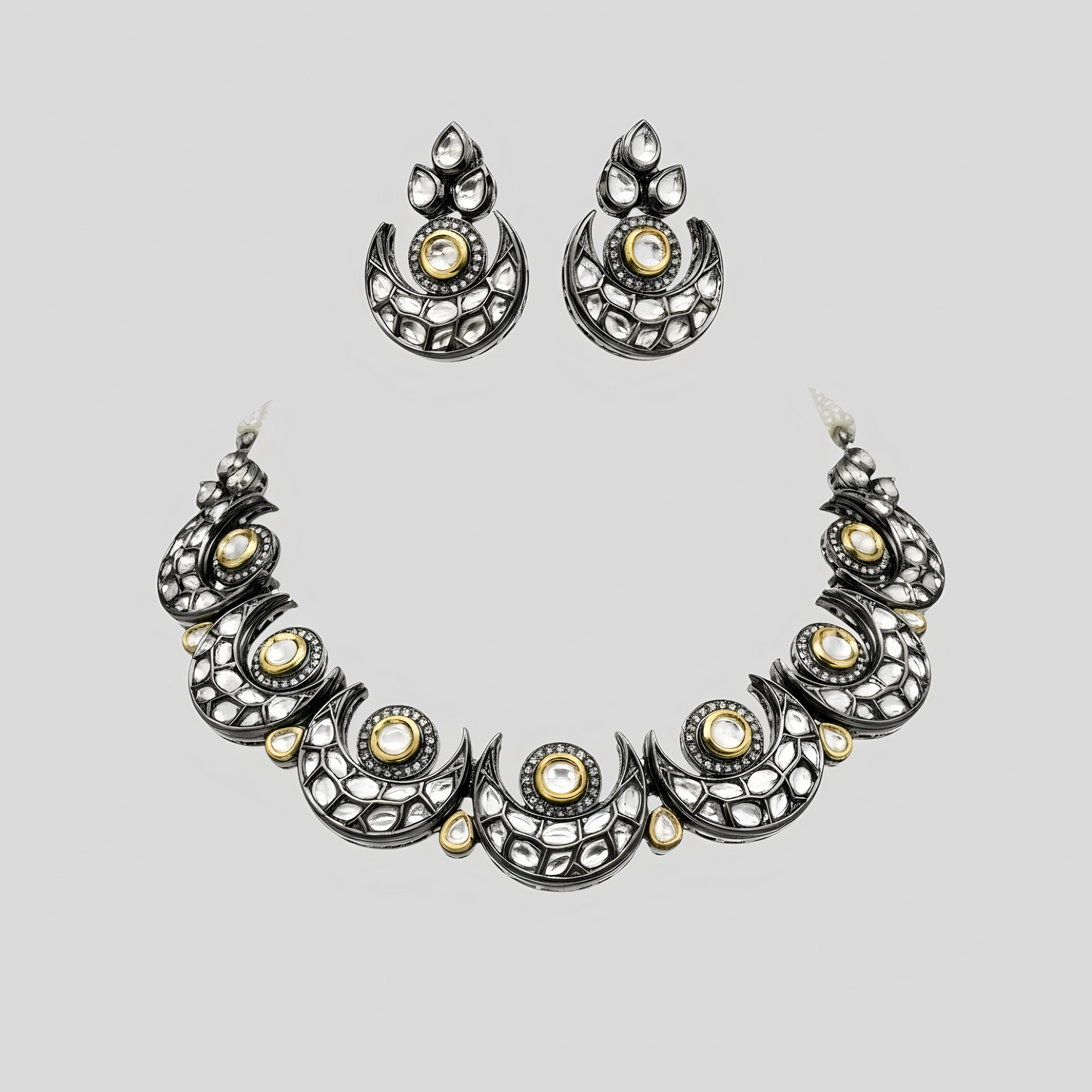 Oxidised Silver Kundan Crescent Necklace Set with Earrings