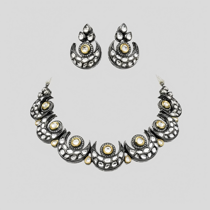 Oxidised Silver Kundan Crescent Necklace Set with Earrings