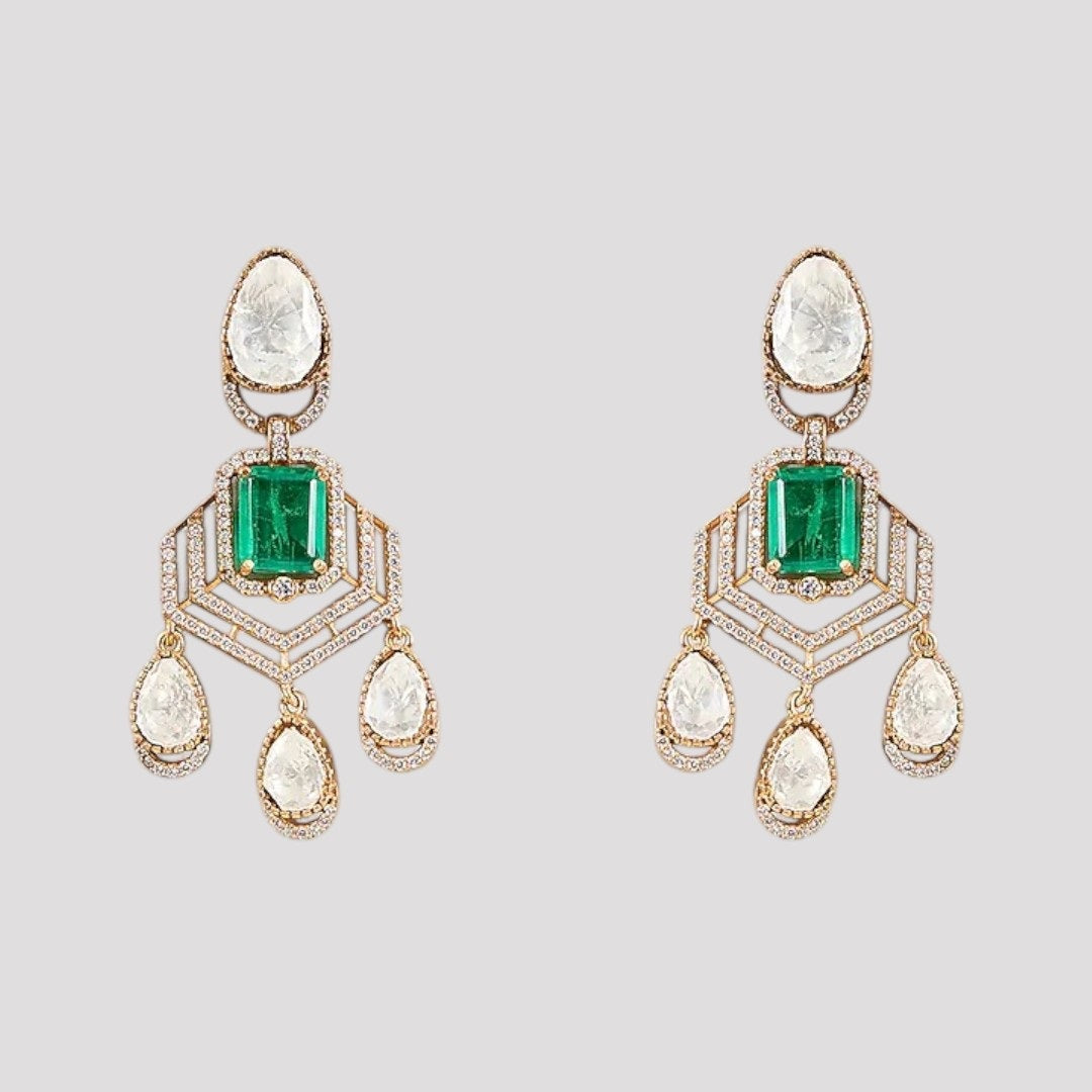 “Traditional choker necklace set featuring emerald-green square stones, Polki-style pear-shaped drops, and matching dangling earrings displayed on a neutral background.”