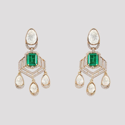 “Traditional choker necklace set featuring emerald-green square stones, Polki-style pear-shaped drops, and matching dangling earrings displayed on a neutral background.”