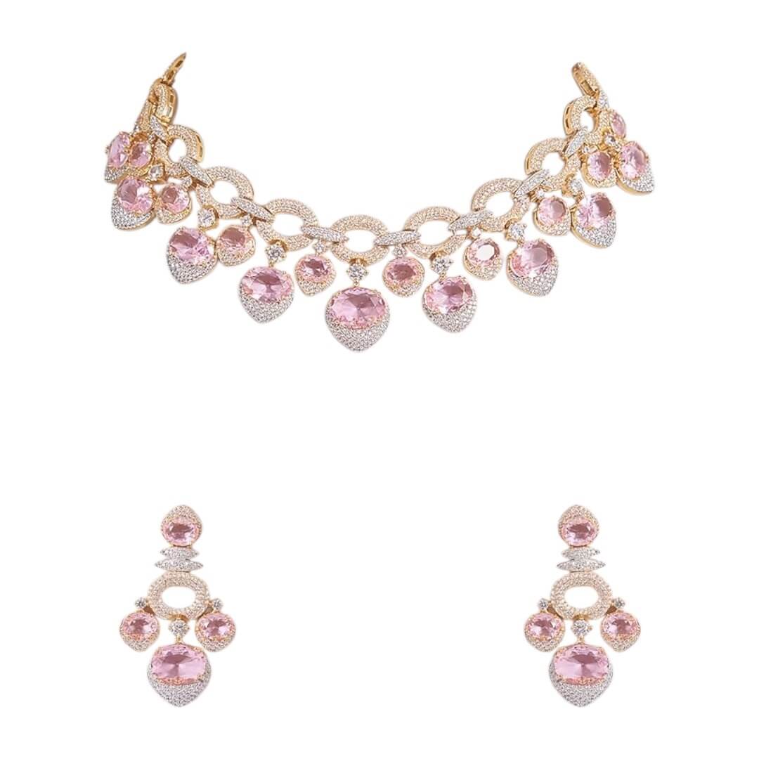 Pink CZ & Gold-Plated Stone-Studded Choker Necklace Set for Women