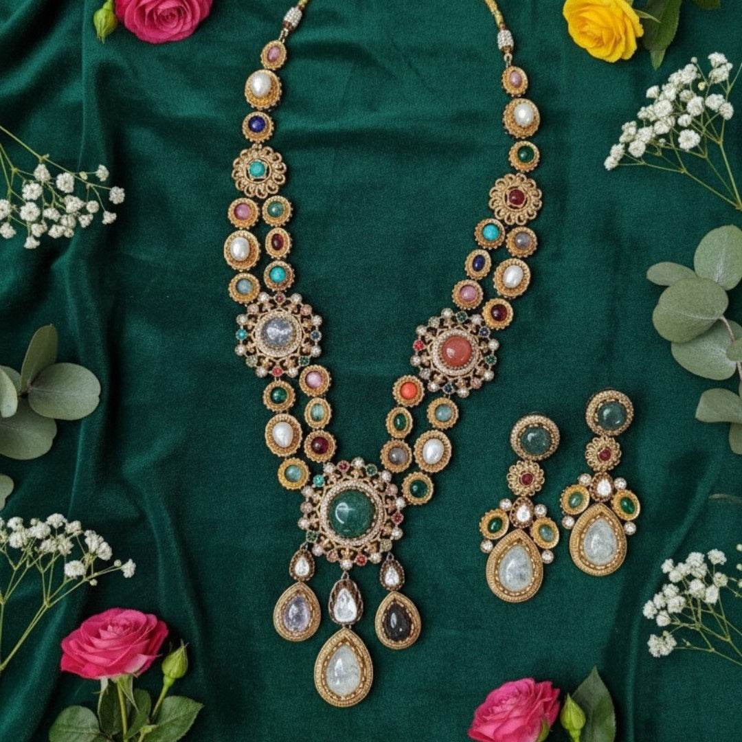 Grand Multicolor Temple Style Kundan Necklace Set - Auraa Trends