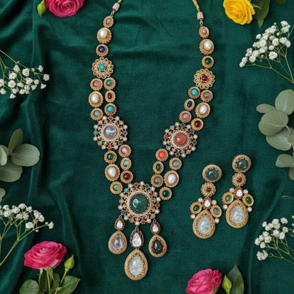 Grand Multicolor Temple Style Kundan Necklace Set - Auraa Trends