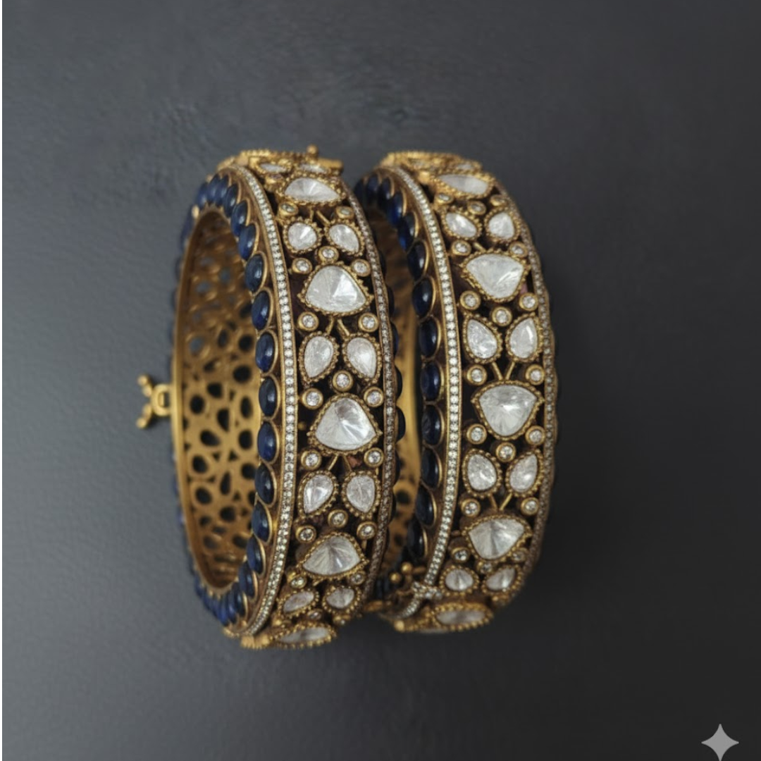 Elegant gold-plated Kundan bangles with black enamel and white stones – bridal designer kada for women