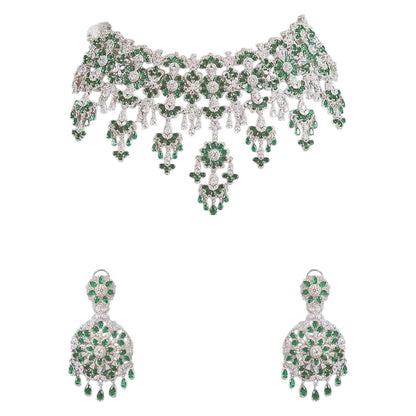 Luxury silver plated choker necklace set with emerald green stones and matching earrings