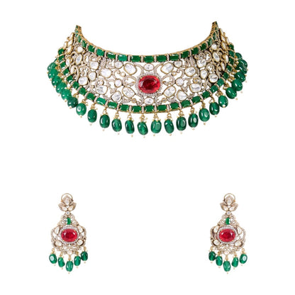 Traditional Green & Red Kundan Choker Necklace Set for Women