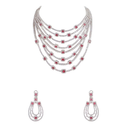 “Luxury multi-layer ruby and diamond choker necklace set with matching earrings for women”