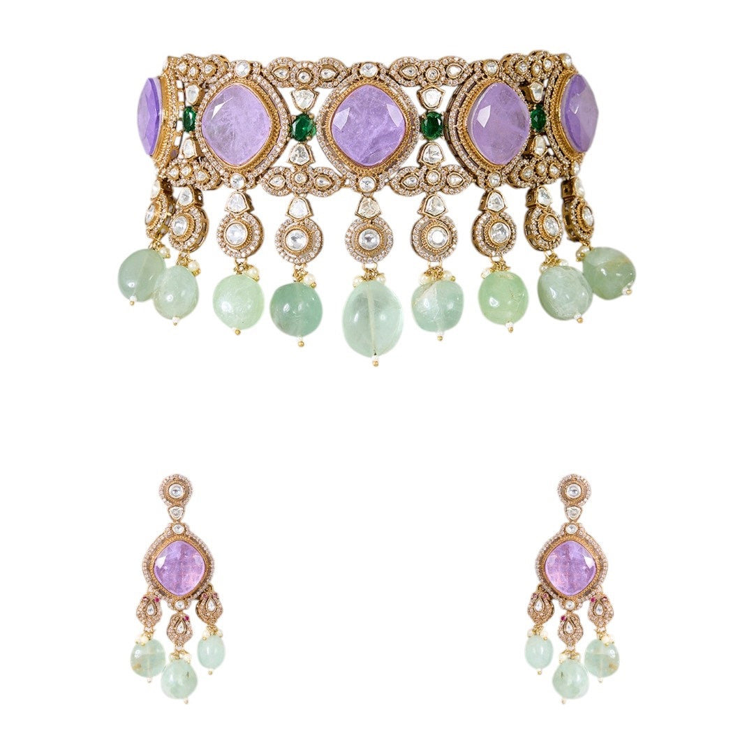 Lavender Stone and Mint Green Beaded Kundan Choker Necklace Set with Earrings
