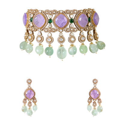 Lavender Stone and Mint Green Beaded Kundan Choker Necklace Set with Earrings