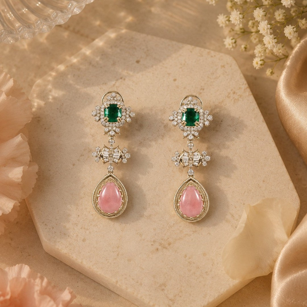 Gold-plated statement drop earrings featuring emerald green stones, pink teardrop gemstones, and sparkling crystal accents for women.