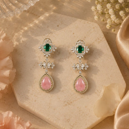 Gold-plated statement drop earrings featuring emerald green stones, pink teardrop gemstones, and sparkling crystal accents for women.
