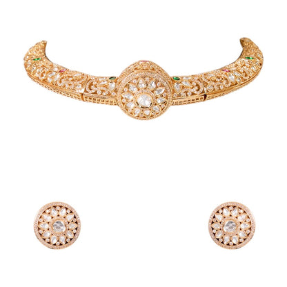 Antique Gold Kundan Choker Belt Necklace Set with Round Stud Earrings