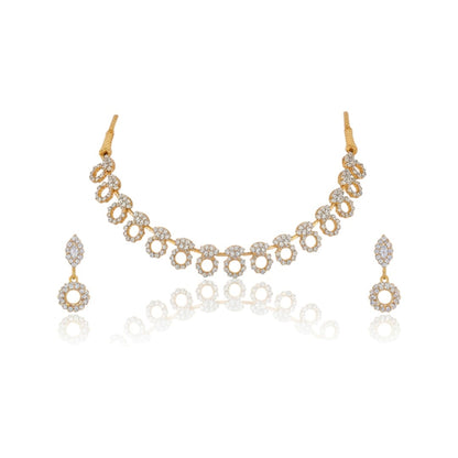 "Gold-plated diamond necklace set with circular motifs and drop earrings on black velvet stand – ideal for party or festive wear."