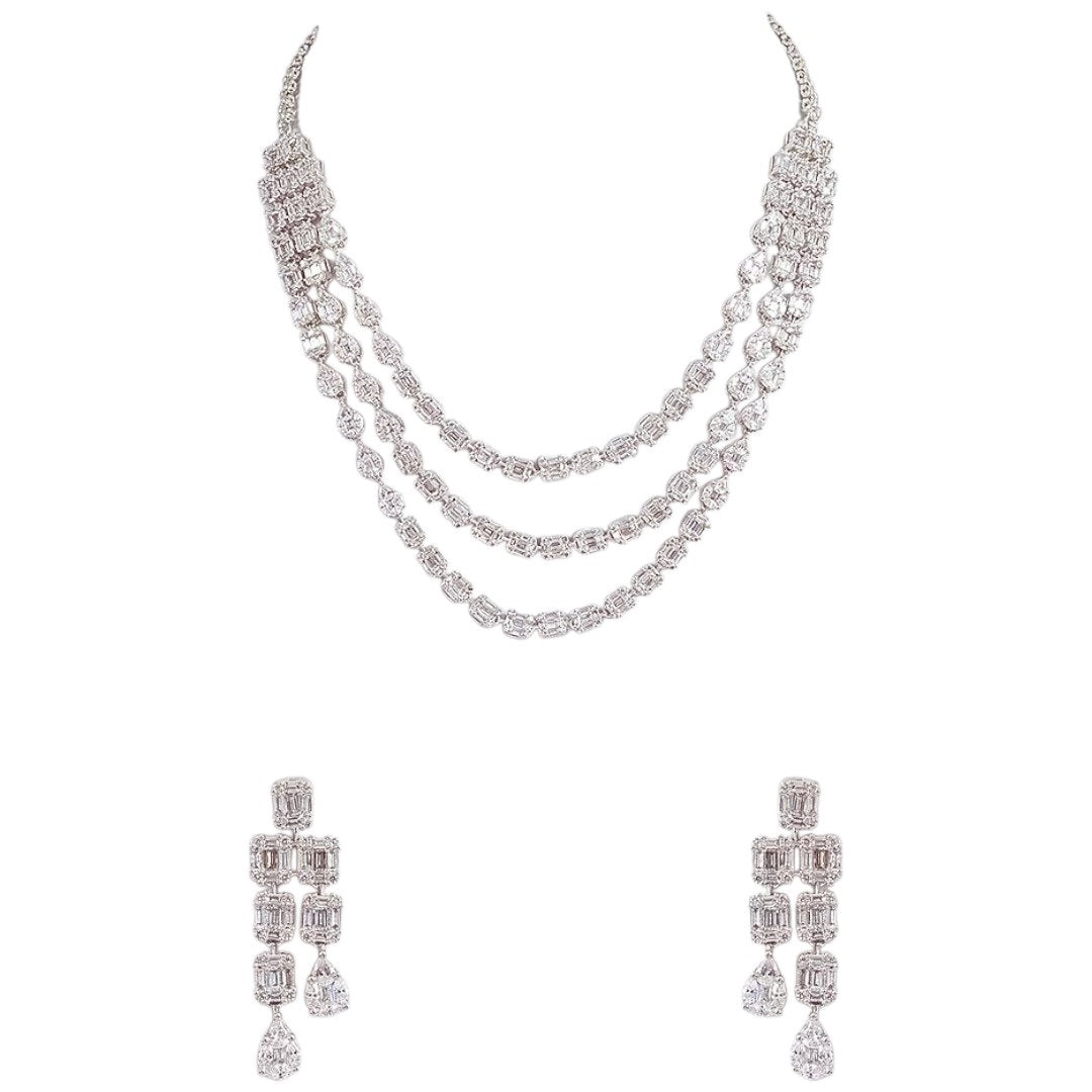 “Elegant silver-tone layered diamond necklace set with matching drop earrings for women”