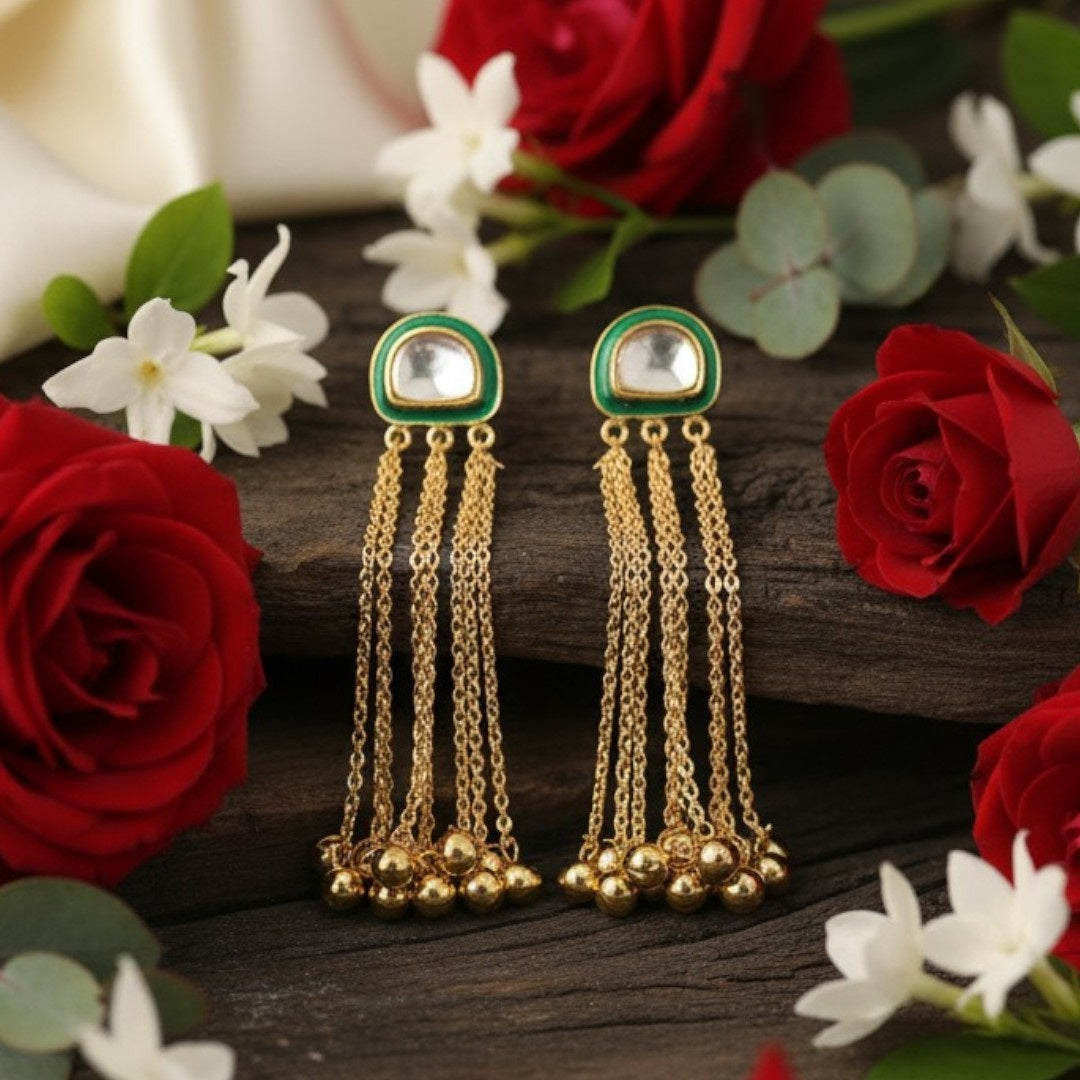 Minimalist Green Kundan Stud with Multi-Chain Golden Dangler Earrings