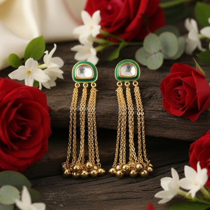 Minimalist Green Kundan Stud with Multi-Chain Golden Dangler Earrings