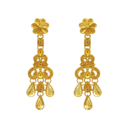 Royal gold plated bridal necklace set with matching earrings and maang tikka displayed on red velvet stand