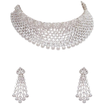 “Elegant silver diamond look choker necklace set with matching long earrings for women”