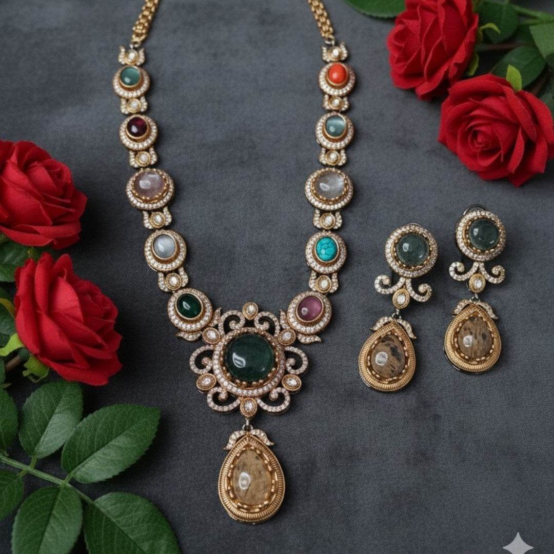 Multicolor Gemstone Necklace Set with Earrings - Auraa Trends