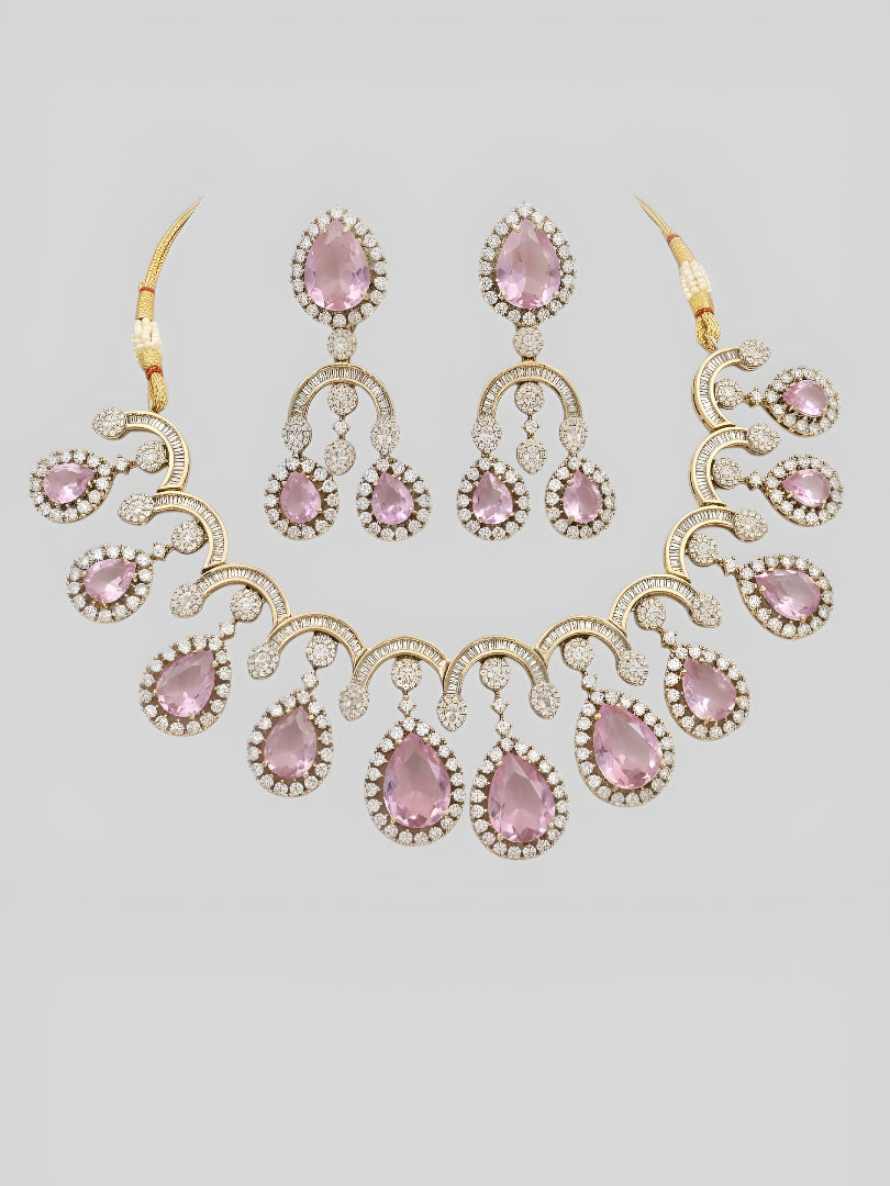 Pink stone kundan necklace set with matching chandelier earrings