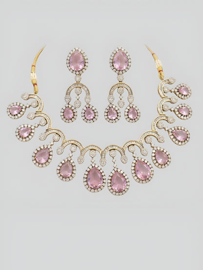 Pink stone kundan necklace set with matching chandelier earrings