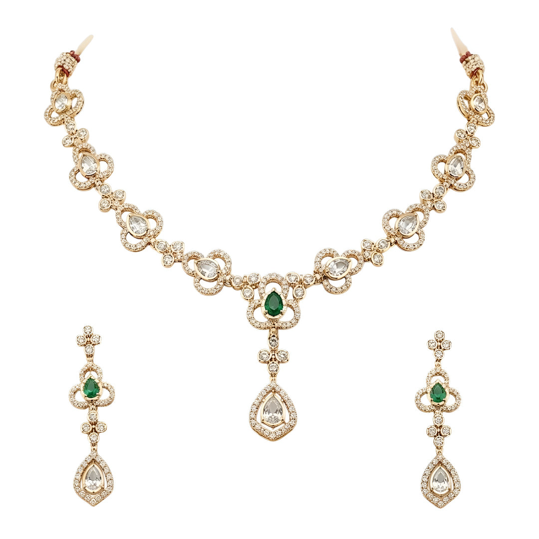 Gold-Plated Green Stone & American Diamond Necklace Set with Matching Drop Earrings for Women