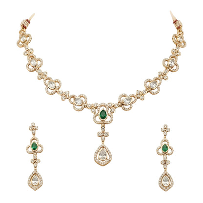 Gold-Plated Green Stone & American Diamond Necklace Set with Matching Drop Earrings for Women