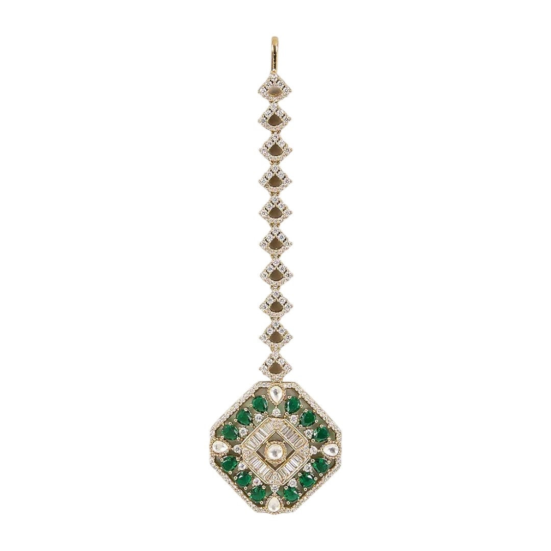 Gold-plated green Kundan maang tikka with diamond-shaped stone chain and octagon pendant