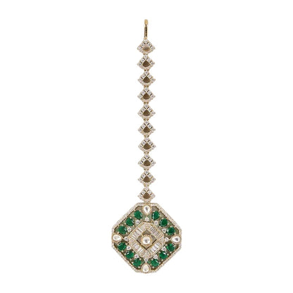 Gold-plated green Kundan maang tikka with diamond-shaped stone chain and octagon pendant