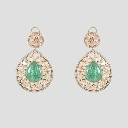 “Gold-plated Kundan choker necklace set with green stone pendant and matching earrings”