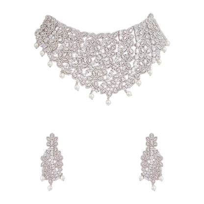 Diamond and pearl choker necklace set with silver plating and floral design – bridal jewelry set for women