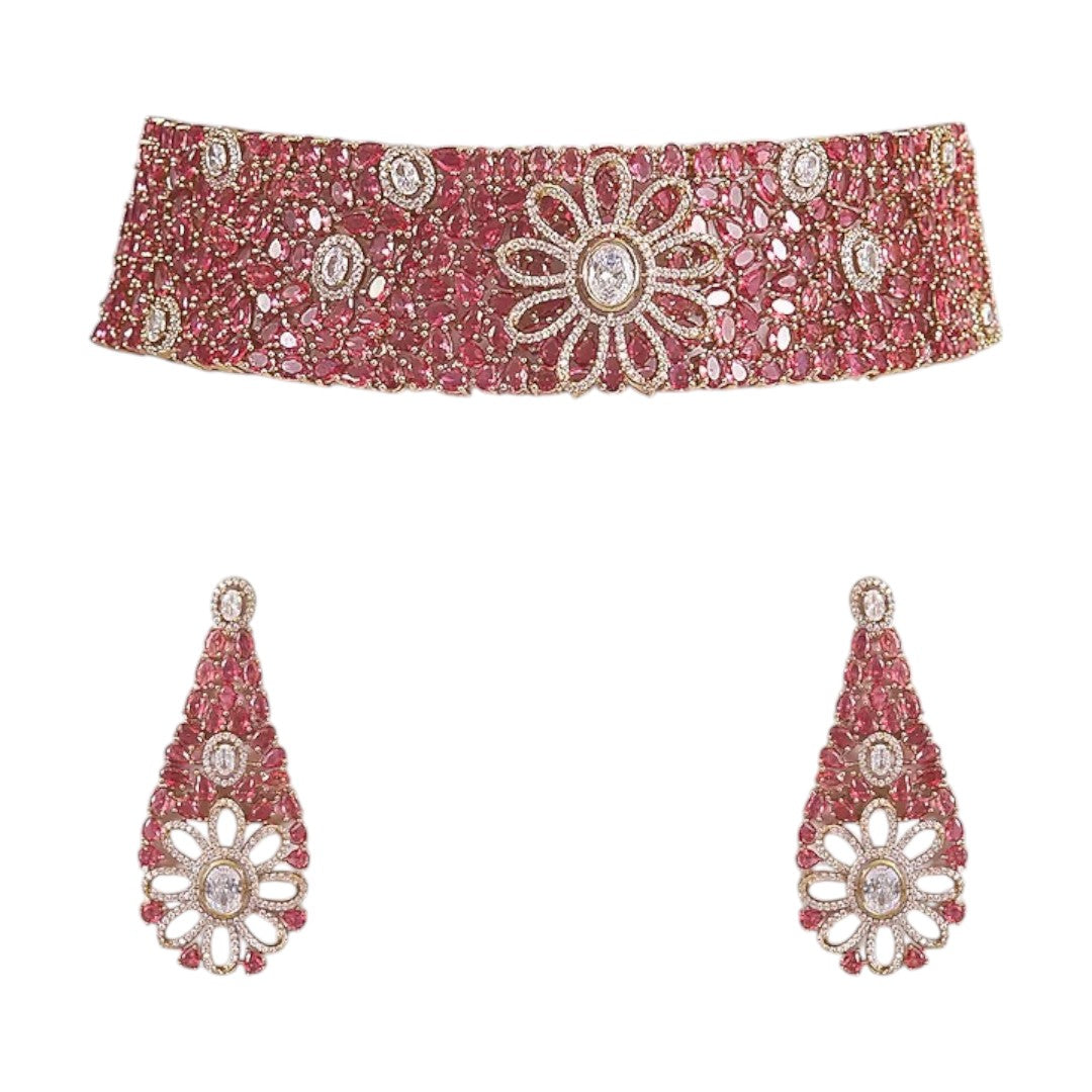 Gold-plated ruby and diamond floral choker necklace set with matching earrings – luxury bridal jewelry for women