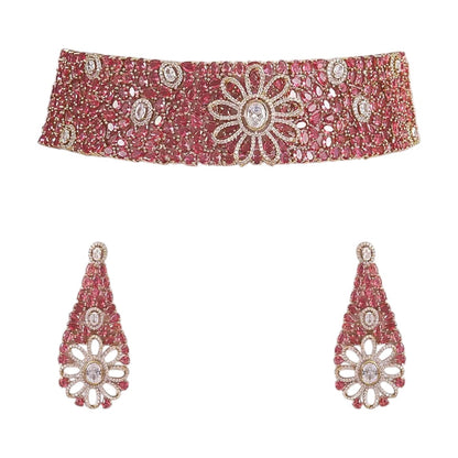 Gold-plated ruby and diamond floral choker necklace set with matching earrings – luxury bridal jewelry for women