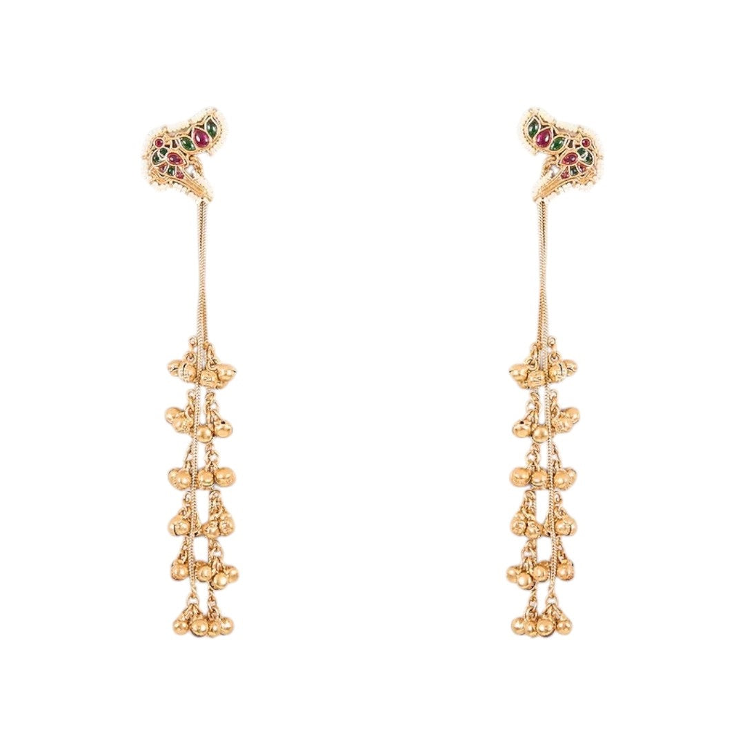 Gold-plated long chain jhumka earrings with multicolor stud and ghungroo drops on a white background
