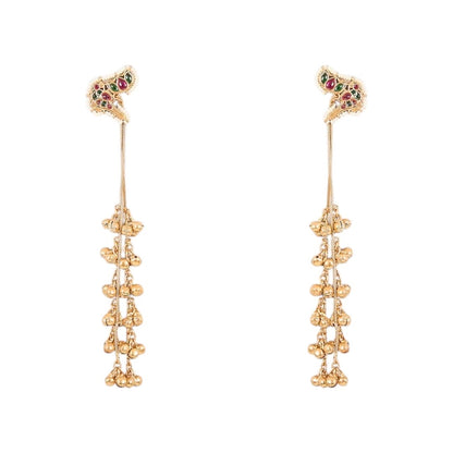 Gold-plated long chain jhumka earrings with multicolor stud and ghungroo drops on a white background
